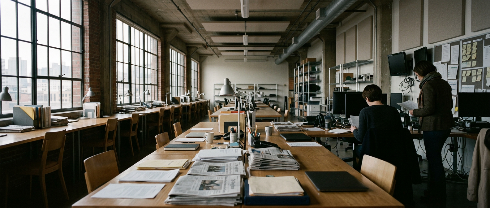 A quiet newsroom in early morning light, with long desks, printed papers and reporters working in the background.