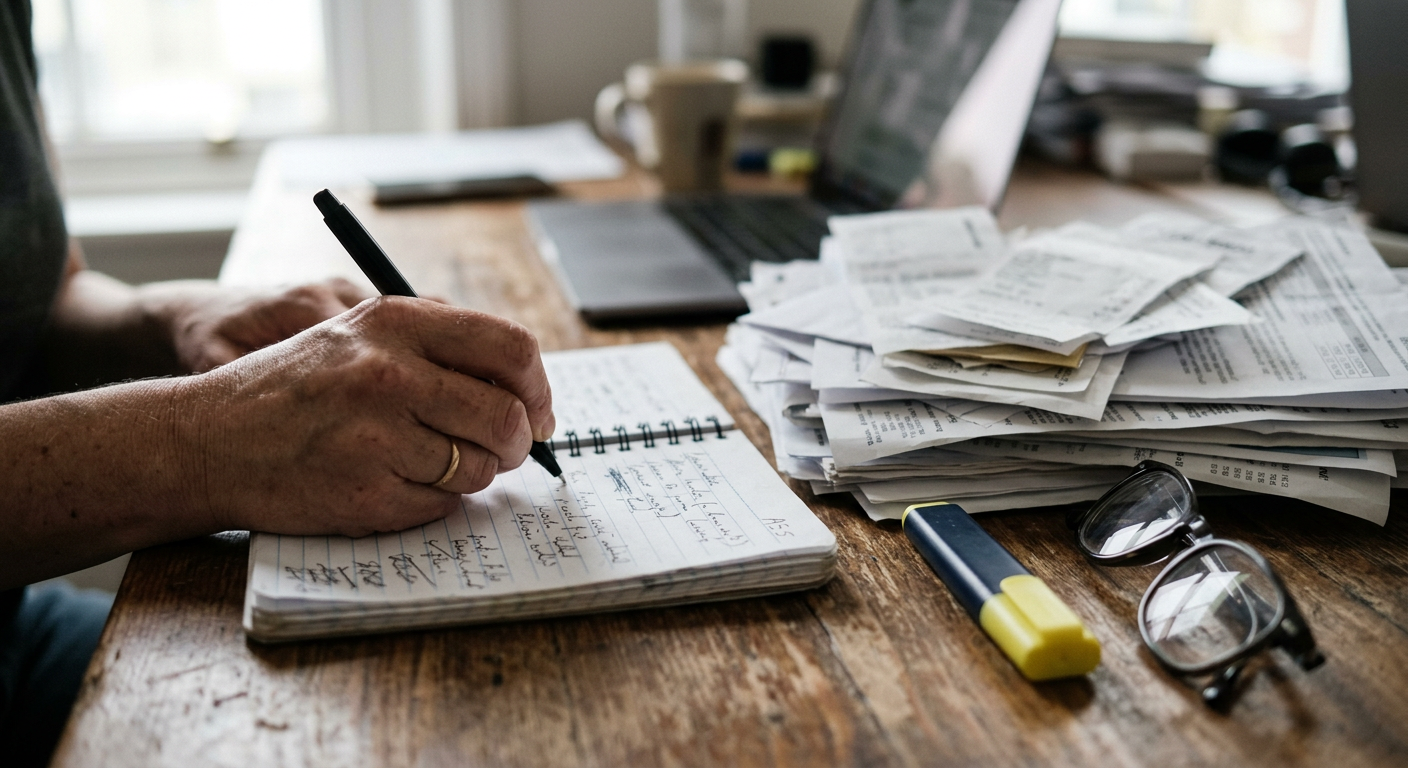 A reporter’s hands taking notes in a notebook beside a stack of printed household bills and receipts.