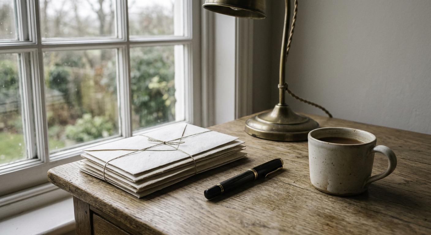 A tidy writing desk by a window with a small stack of envelopes, a pen and a desk lamp.