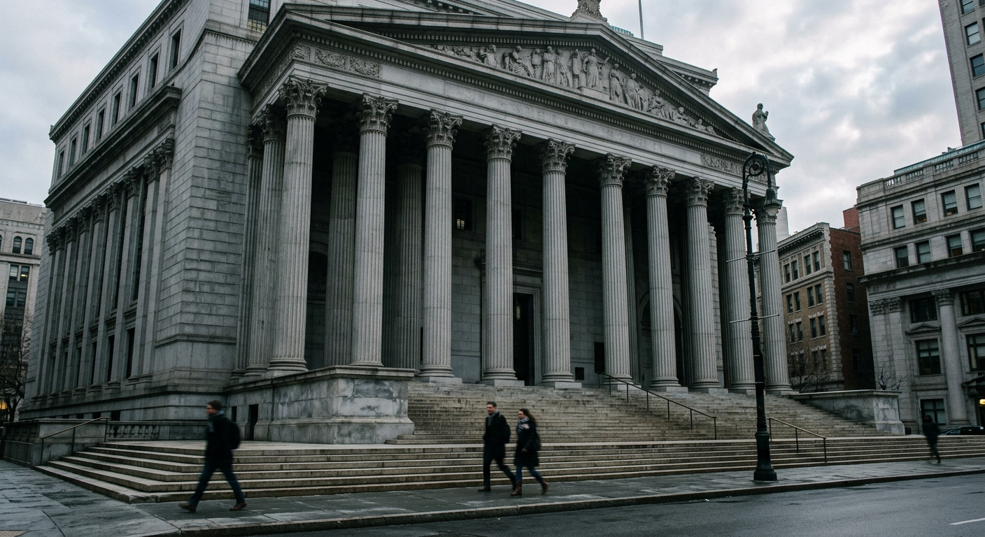 Stone columns of a civic building on a city street in early morning, with pedestrians passing.