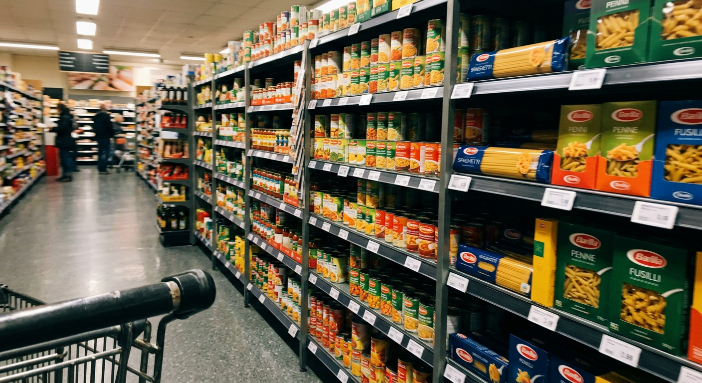 A supermarket shelf of canned goods with small price tags along the edge.