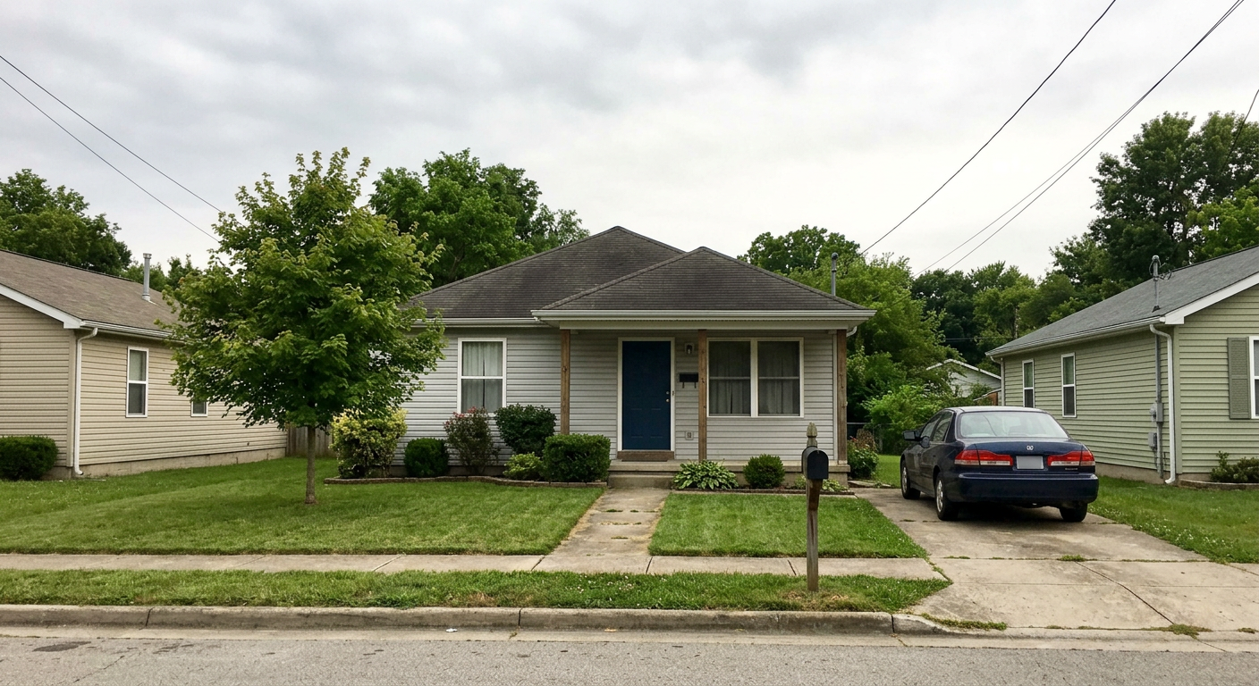 A modest single-story suburban house with a driveway and a parked car.